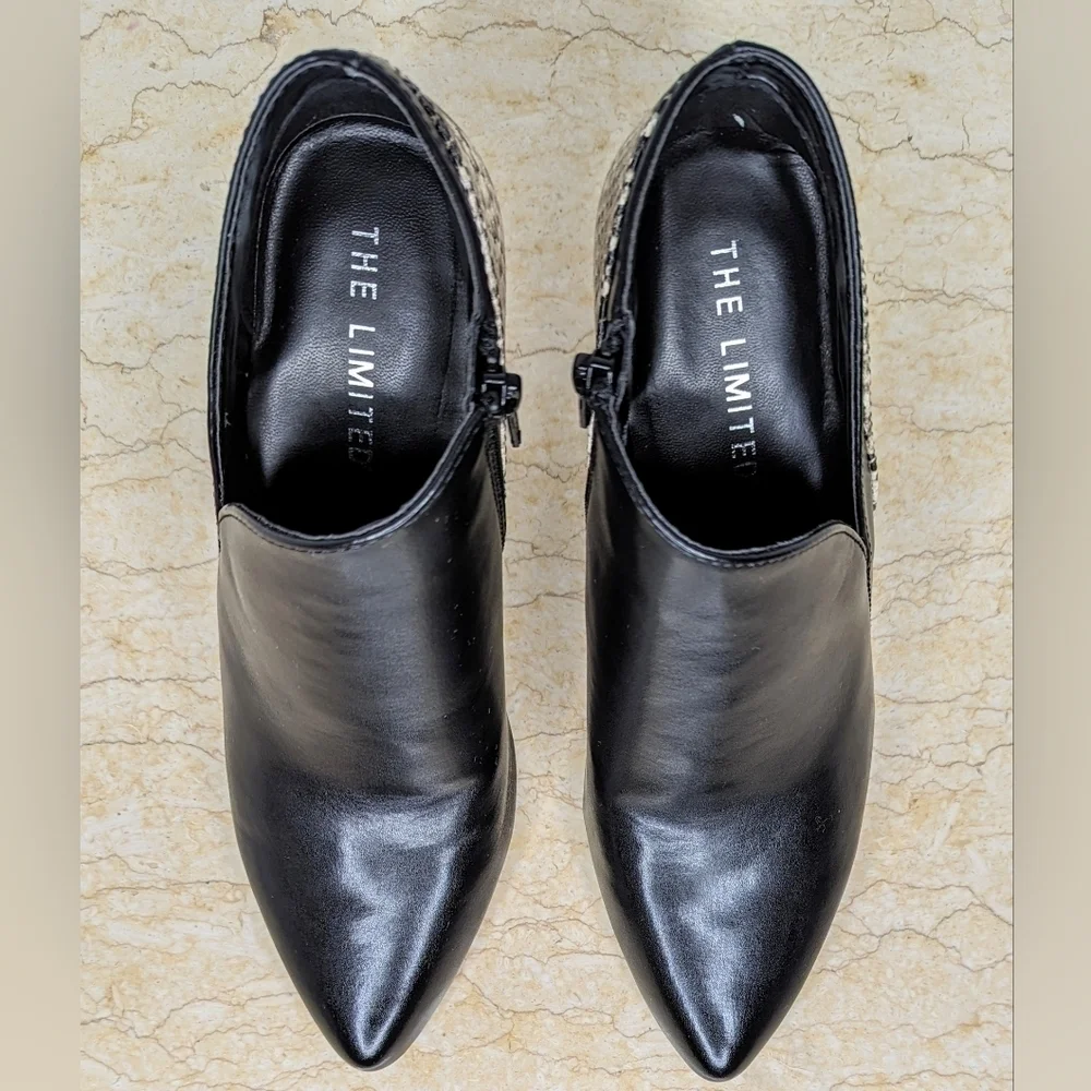 The Limited Nadalie Bootie Black Faux Snakeskin Open Side Pointed Toe Heeled - Picture 6 of 13